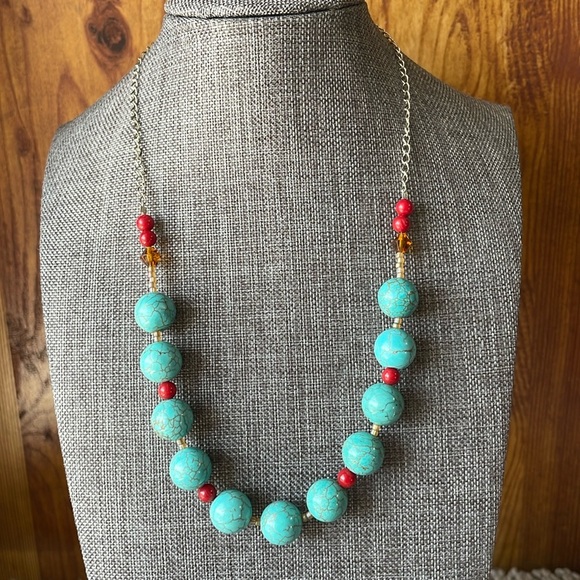 Handcrafted Jewelry - Sterling Silver Turquoise Glass / Coral Necklace